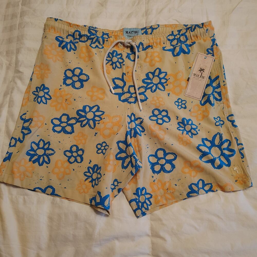 Malibu Beach Club Floral Swim Trunks Men’s Large Blue Yellow NWT